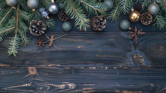 Festive fir tree and ornaments on rustic dark wood board
