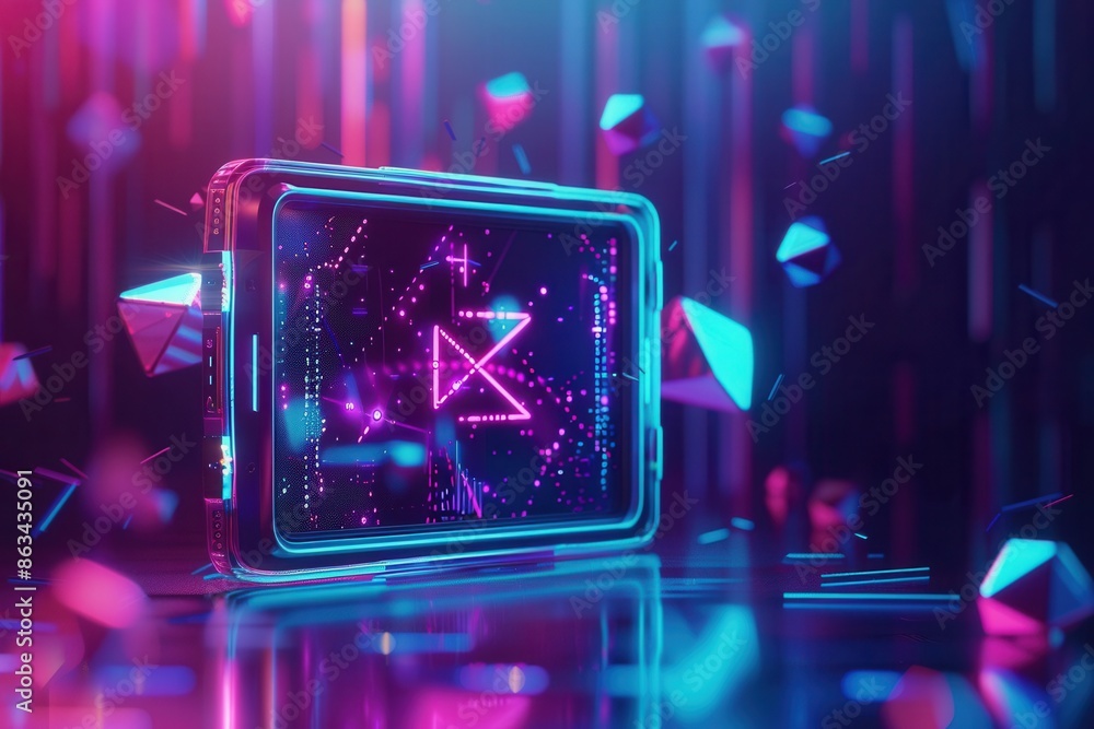 Poster a close-up of a device screen with a bright neon glow, showcasing video streaming in a futuristic se