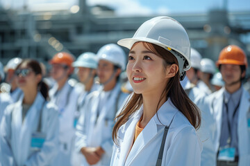 Confident Japanese Female Engineer Leading Team in Industrial Facility Inspection