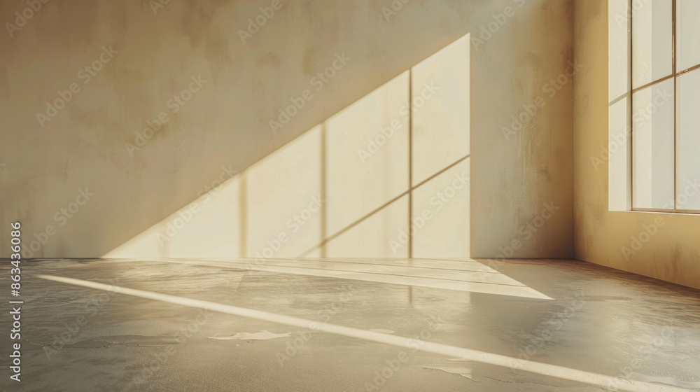 Poster a room with a window and a wall with a shadow on it. the room is empty and has a very plain and simp
