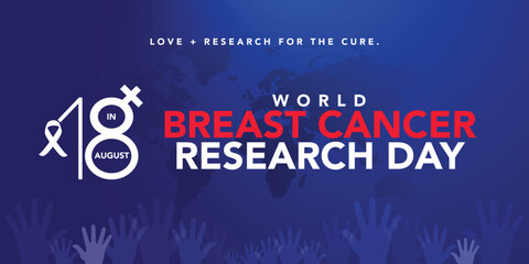 World Breast Cancer Research Day vector. Pink cancer awareness ribbon, science icons and world map silhouette vector isolated on a white background. August 18. Important day
