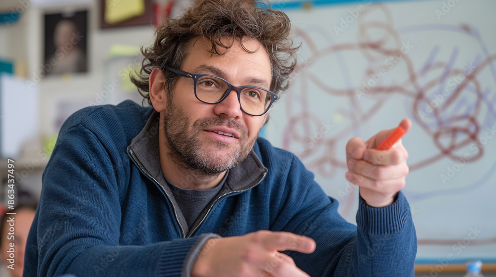Poster teacher explaining something pointing with red marker in classroom