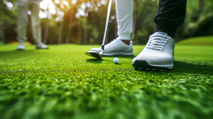 Golfer is lining up a putt on a golf course