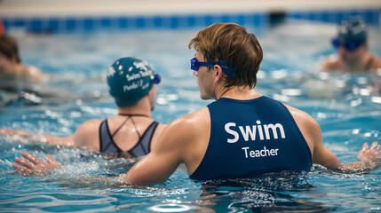 Swim teacher supervising students during lesson in swimming pool