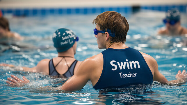 Swim teacher supervising students during lesson in swimming pool - Powered by Adobe