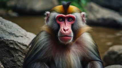 Colorful male mandrill monkey sitting on a rock