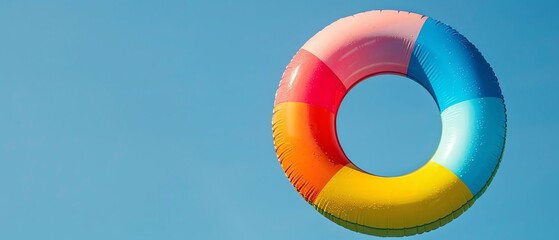 Obraz premium Colorful pool float ring against a clear blue sky, epitomizing a summer day by the pool