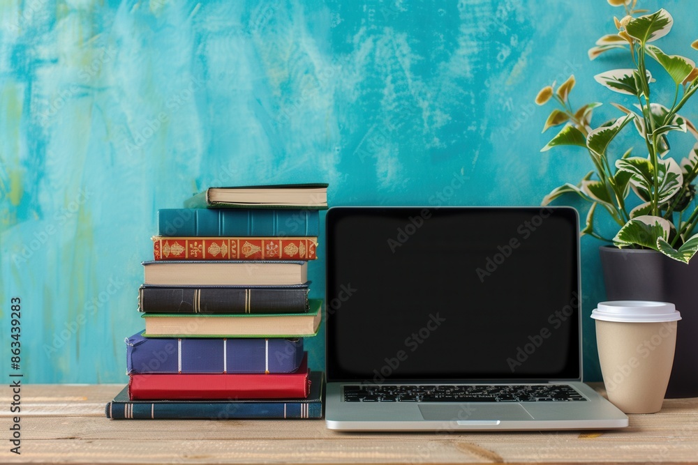 Poster a modern learning environment featuring a laptop and a stack of textbooks against a blue wall. gener