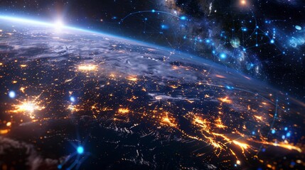Obraz premium Stunning Earth from Space with Glowing Cities and Starry Network, Generative AI