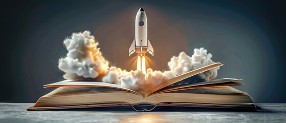 Rocket starts from open book. Spaceship launch from dictionary. Concept of a successful start up of a business. and education. Creative idea.