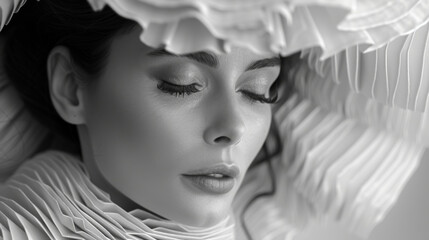 Close-up art fashion photo of a gorgeous woman in paper dress. Black and white