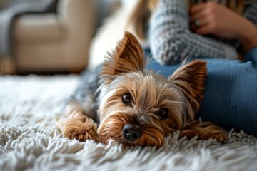 Yorkshire Terrier lying on the floor next to owner.