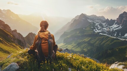 Fototapeta premium Active woman enjoys the beautiful scenery of the majestic mountains