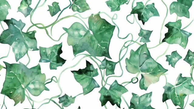 Delicate watercolor pattern of green ivy leaves. Various shades of green create depth and texture. White background enhances the fresh, botanical feel. 