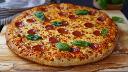 Homemade pizza with bubbling cheese, pepperoni, fresh basil leaves on a plate.