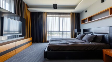 Luxurious modern bedroom with elegant TV wall unit, sleek lighting, wooden shelves, floor-to-ceiling windows, gray carpet, white walls, black bedding