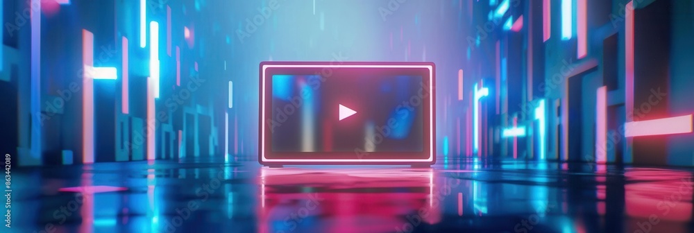 Poster digital image of futuristic city with neon lights, device screen showing video content. ideal backdr