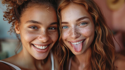 Fototapeta premium Cheerful young international women demonstrate peace gesture against pink studio background. African brunette in T-shirt, her tongue sticking out next to european model with long wavy red hair