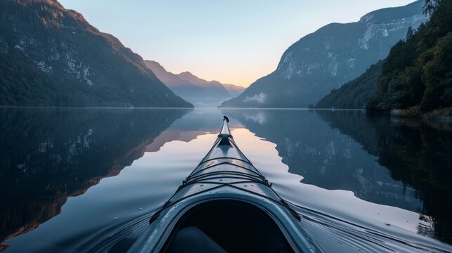 A kayak is in the water with mountains in the background