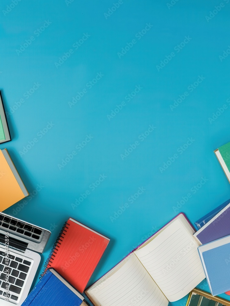 Aufkleber a top-down view of a modern learning workspace with a laptop, notebooks, and textbooks on a blue bac