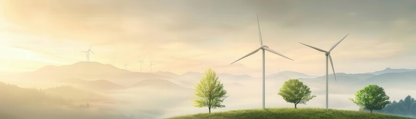 Obraz premium Scenic view of wind turbines on a hill with trees and mountains in the background at sunrise, promoting renewable energy and sustainability.
