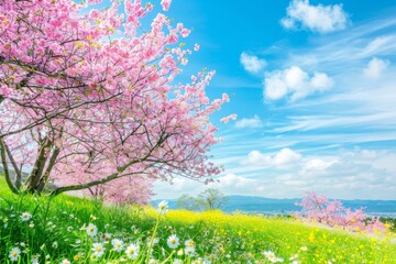 Naklejka premium A beautiful garden with pink flowers and green grass