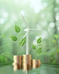 Green energy finance wallpaper, featuring icons of solar and wind power alongside financial graphs, blank areas for user content, designed for a modern look