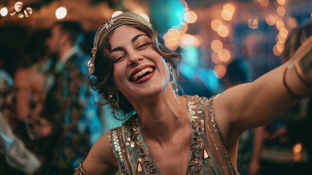 A woman in a vintage 1920s dress dancing at a Gatsby-themed party