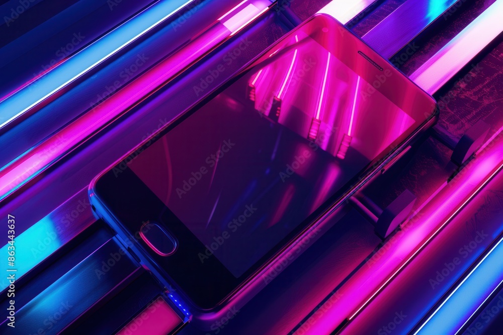 Poster A smartphone showcasing a vibrant streaming service in a dynamic studio with neon lighting. Generative AI