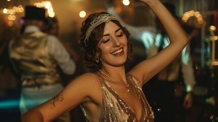 A woman in a vintage 1920s dress dancing at a Gatsby-themed party