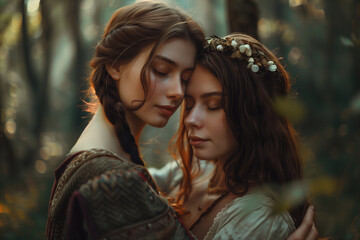 Fototapeta premium Happy Lesbian Queer Medieval Woman Couple, in Love Embracing in the Forest Woods, Romantic Relationship Fantasy Concept