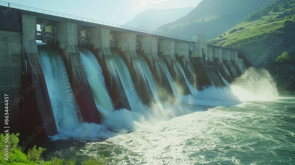 Aufkleber a hydroelectric dam generates clean energy in a beautiful landscape. water flows over the dam, creat