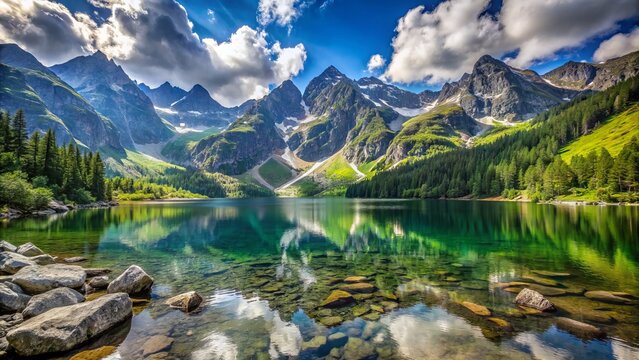 Serene alpine lake morskie oko surrounded by towering tatra mountain peaks under a bright blue sky with scattered clouds in summer poland.