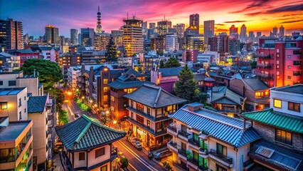 Obraz premium Vibrant evening scene of tokyo cityscape with cozy lofi asian architecture, colorful neon lights, serene streets lined with tranquil houses, exuding a peaceful ambiance in stunning 4k resolution.