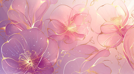 Abstract pink flowers with gold details on a pink and white background with copy space text for design, graphic, background, texture, art, modern, elegant, luxurious, floral, feminine, delicate