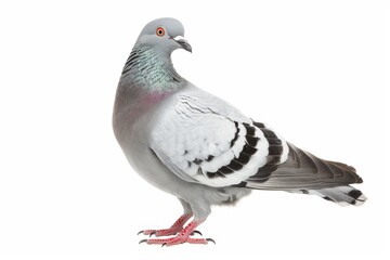 Naklejka premium Portrait of a pigeon with grey feathers on a white background, standing in profile.