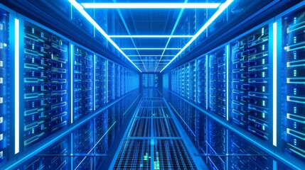 Fototapeta premium Modern Data Center with Blue Neon Lights, Generative AI