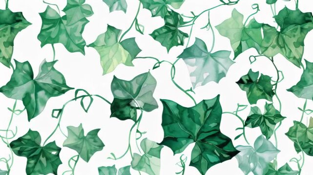 Delicate watercolor pattern of green ivy leaves. Various shades of green create depth and texture. White background enhances the fresh, botanical feel. 