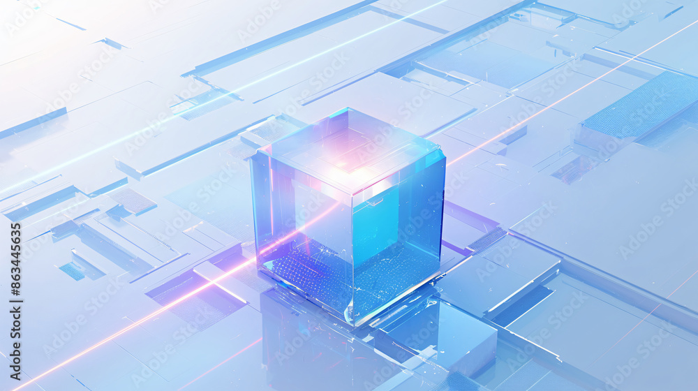 Poster glass cube with light shining through on a white background with copy space text for technology, inn