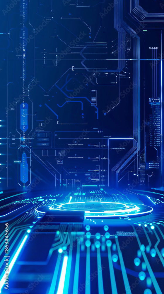 Poster blue and green circuit board with a glowing ring in the center with copy space text for technology, 