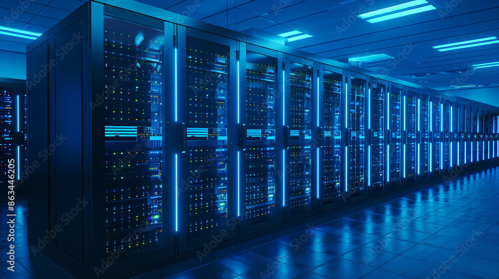 Aufkleber server room with blue lights and rows of servers with copy space text for technology, data, internet