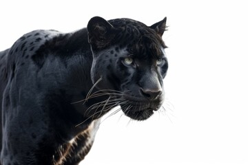 Black panther on white background, front view, serious expression.