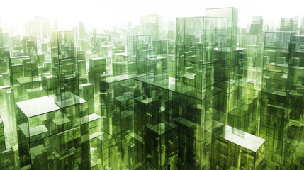 Obraz premium A cityscape with many buildings and a lot of glass. The buildings are green and the sky is white