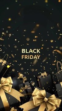 The hyper realistic, high resolution digital artwork features the text "BLACK FRIDAY" with shopping bags and bows. The vector illustration design could be used for social media posts 