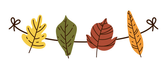 Obraz premium Autumn garland, vector icon. Colorful fallen leaves hang on a string. Red, yellow, orange plants, foliage of forest trees. Leaf of oak, maple, chestnut. Seasonal decoration for Thanksgiving, Halloween