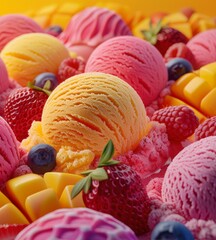 Close-up ice cream with exotic fruit taste, 3D copy space vibrant colors, tenderness, uniqueness.