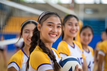 Thai high school female volleyball athletes gather for practice and training sessions on the indoor sports court, honing their skills and teamwork in preparation for upcoming matches.