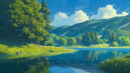 Illustration of a beautiful lake in cel shading, with a 90s Anime still and anime aesthetic.