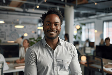 Fototapeta premium Confident African American Businessman in Casual Attire Leading a Tech Team in a Modern Office