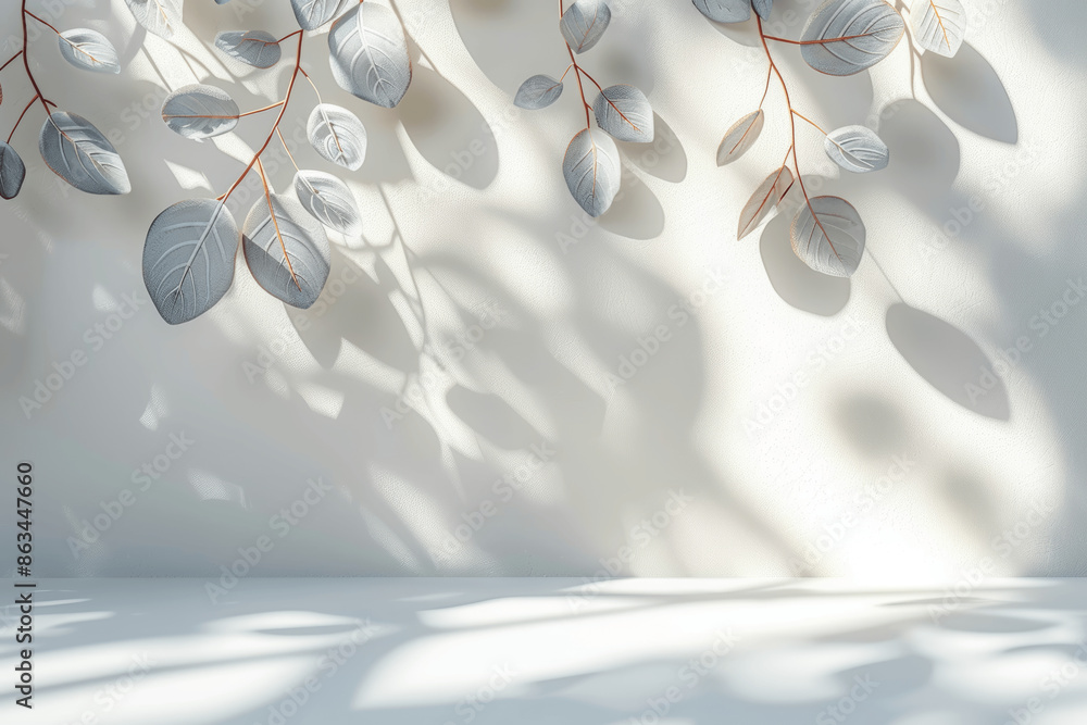 Poster abstract light background with soft shadows of hanging leaves on white wall for minimalistic product